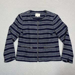 Ann Taylor LOFT Full Zip Blazer Women Size 4 Round Neck Blue Long Sleeve Striped
